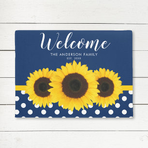 Navy Blue Polka Dot Sunflower Personalized Doormat