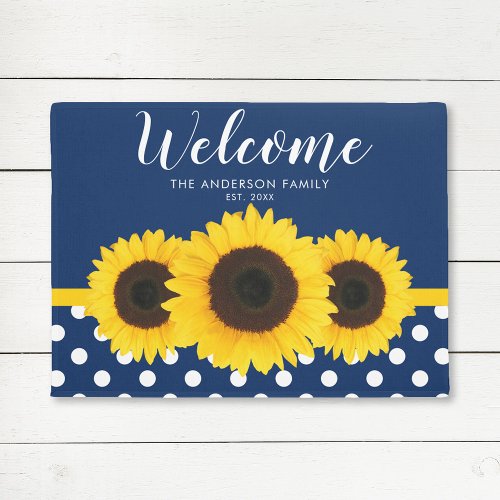 Navy Blue Polka Dot Sunflower Personalized Doormat