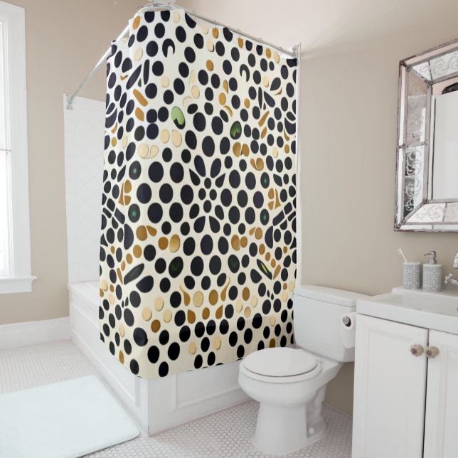 Navy Blue Polka Dots: Gold and Emerald Accents Shower Curtain (In Situ)