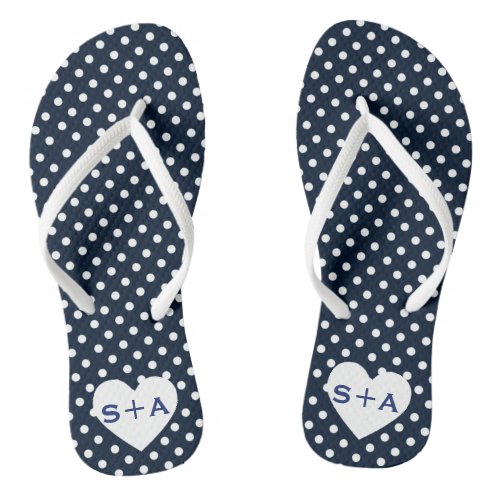 Navy Blue Polka Dots Heart Monogram Honeymoon Flip Flops