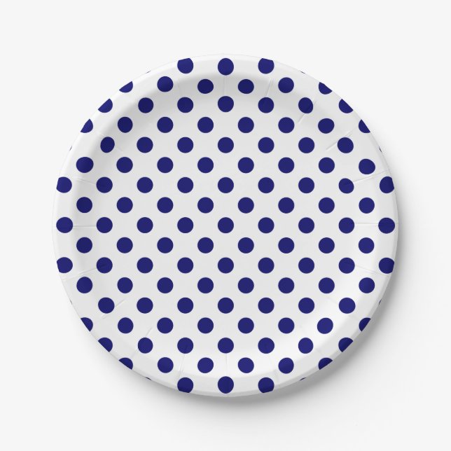 Navy Blue Polka Dots on White Paper Plates (Front)