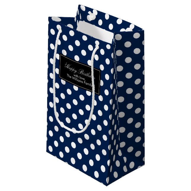 Navy Blue Polka Dots Personalized Small Gift Bag (Front Angled)
