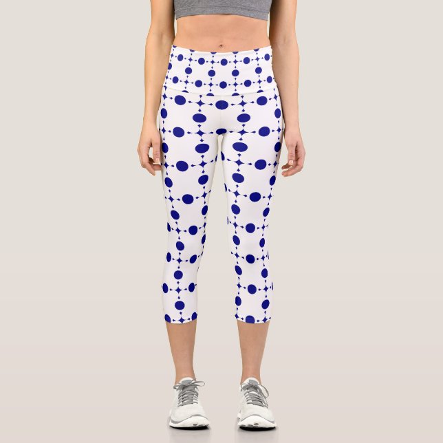 Navy Blue Polka Dots, Polka Dot Pattern, Dots Capri Leggings (Front)
