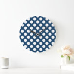 Navy Blue Polka Dots, Polka Dot Pattern, Dots Large Clock<br><div class="desc">Cute,  fun and adorable polka dot pattern in navy blue and white color. Modern and trendy gift,  perfect for the polka dots lover in your life.</div>