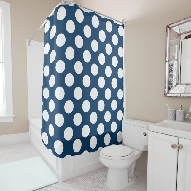 Navy Blue Polka Dots, Polka Dot Pattern, Dots Shower Curtain (In Situ)