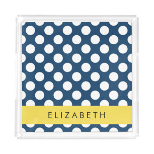 Navy Blue Polka Dots, Polka Dot Pattern, Your Name Acrylic Tray