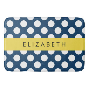 Navy Blue Polka Dots, Polka Dot Pattern, Your Name Bath Mat