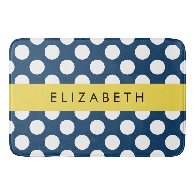 Navy Blue Polka Dots, Polka Dot Pattern, Your Name Bath Mat (Front)