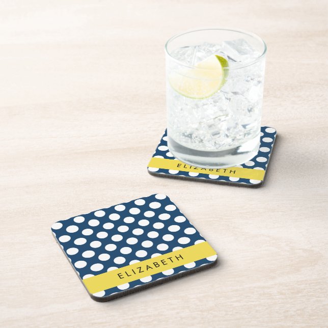 Navy Blue Polka Dots, Polka Dot Pattern, Your Name Beverage Coaster (Right Side)
