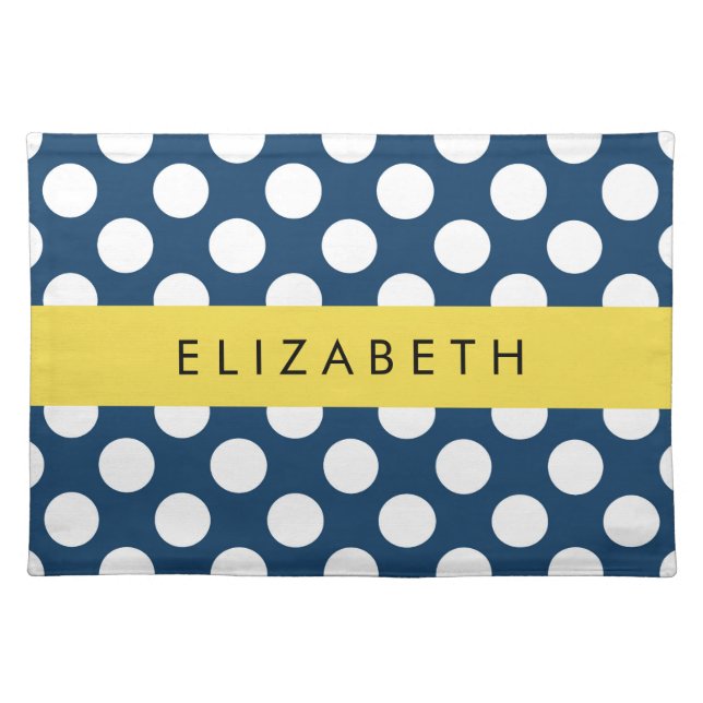 Navy Blue Polka Dots, Polka Dot Pattern, Your Name Cloth Placemat (Front)