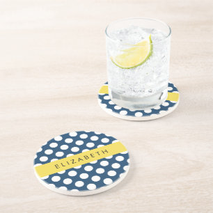 Navy Blue Polka Dots, Polka Dot Pattern, Your Name Coaster