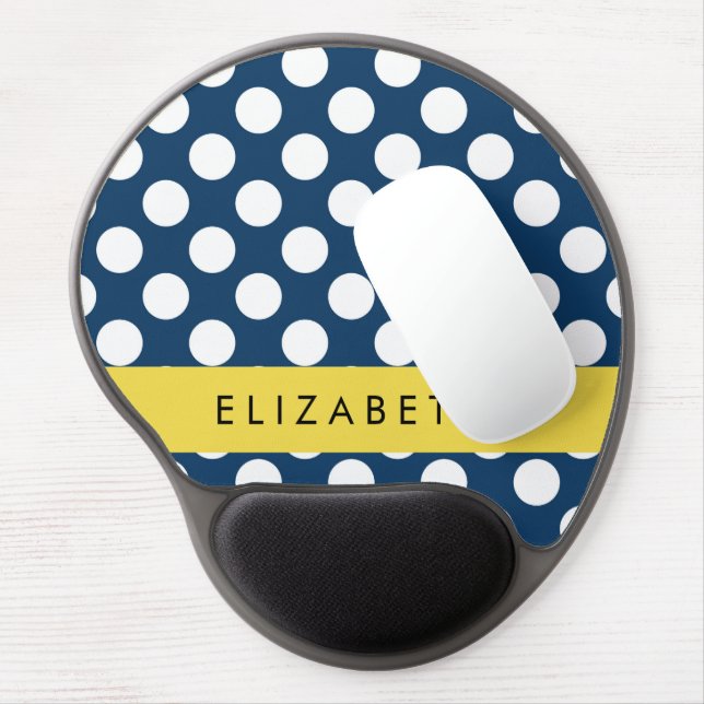 Navy Blue Polka Dots, Polka Dot Pattern, Your Name Gel Mouse Pad (Left Side)