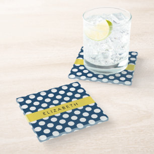 Navy Blue Polka Dots, Polka Dot Pattern, Your Name Glass Coaster