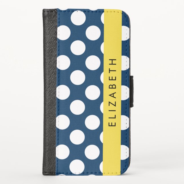 Navy Blue Polka Dots, Polka Dot Pattern, Your Name iPhone Wallet Case (Front)