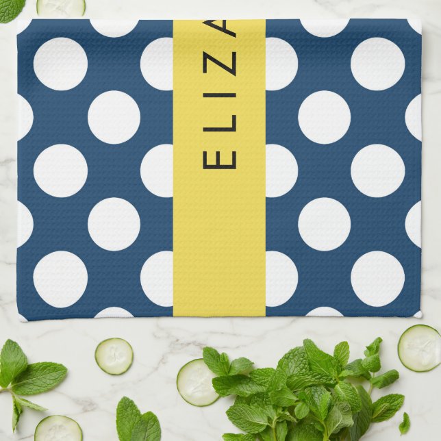 Navy Blue Polka Dots, Polka Dot Pattern, Your Name Kitchen Towel (Folded)