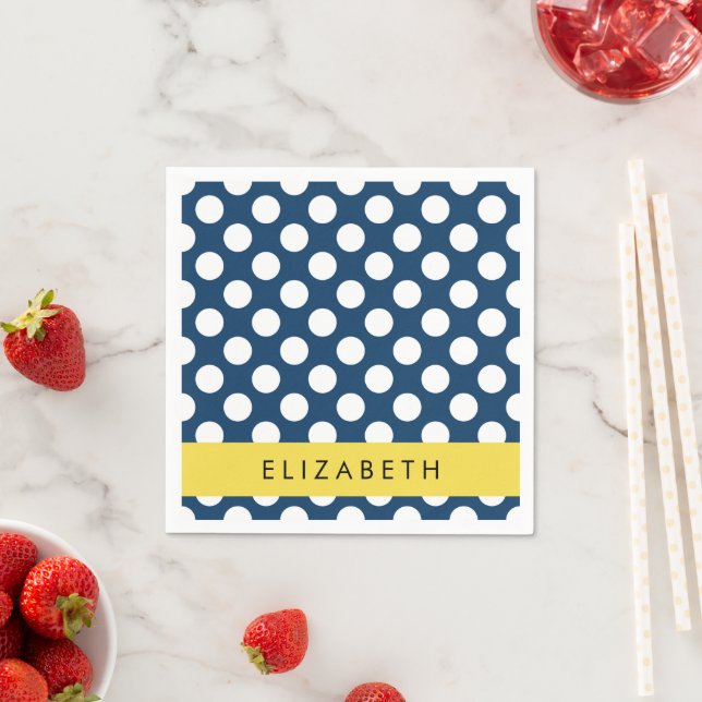 Navy Blue Polka Dots, Polka Dot Pattern, Your Name Napkins (Insitu)