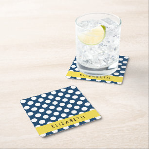 Navy Blue Polka Dots, Polka Dot Pattern, Your Name Square Paper Coaster