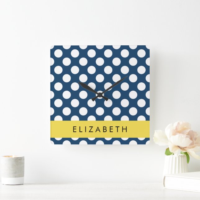 Navy Blue Polka Dots, Polka Dot Pattern, Your Name Square Wall Clock (Home)