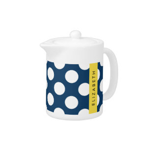 Navy Blue Polka Dots, Polka Dot Pattern, Your Name Teapot