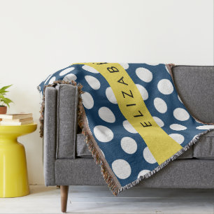 Navy Blue Polka Dots, Polka Dot Pattern, Your Name Throw Blanket