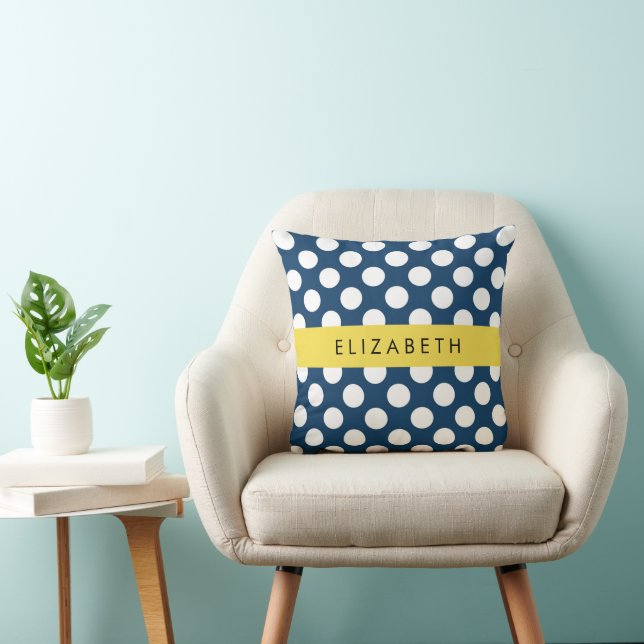 Navy Blue Polka Dots, Polka Dot Pattern, Your Name Throw Pillow (Chair)