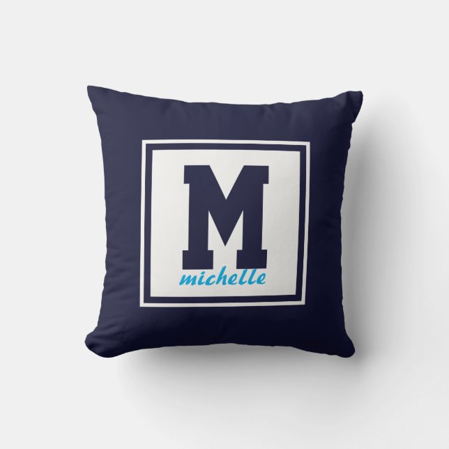 Navy Blue POLKA  DOTS Preppy  Monogram NAME Custom Throw Pillow (Front)