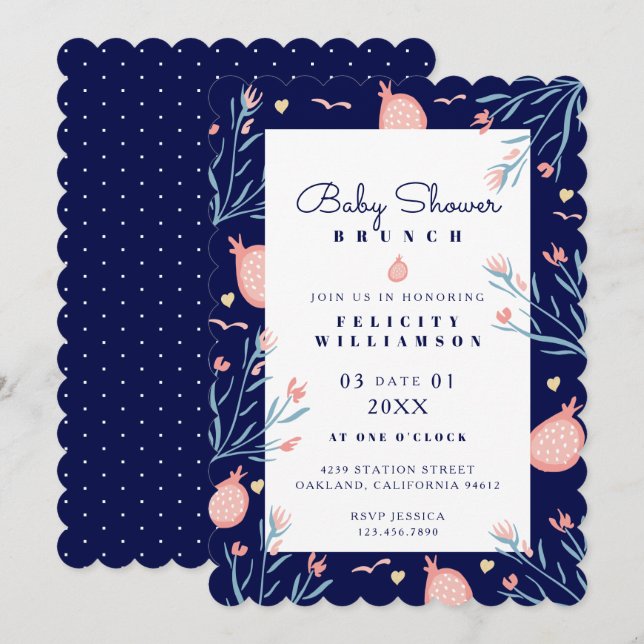 Navy Blue Pomegranate & Florals Baby Shower Brunch Invitation (Front/Back)