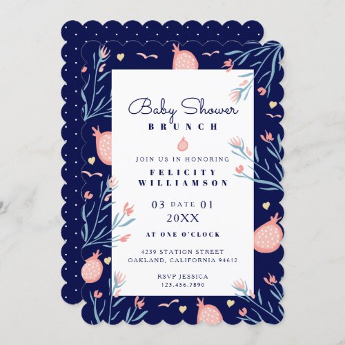 Navy Blue Pomegranate  Florals Baby Shower Brunch Invitation