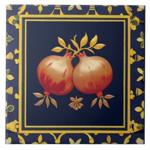 Navy Blue Pomegranates Mediterranean Pomegranate Ceramic Tile