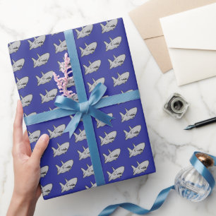 Navy Blue Pool Party Beach Birthday Shark Wrapping Paper
