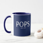 Navy Blue Pops Year Established Mug<br><div class="desc">Pops coffee mug design with established year featuring a white stamped font set on a Navy Blue background.   Click customize to edit the background color!. Visit our shop to view this mug in a large assortment of grandfather names.</div>