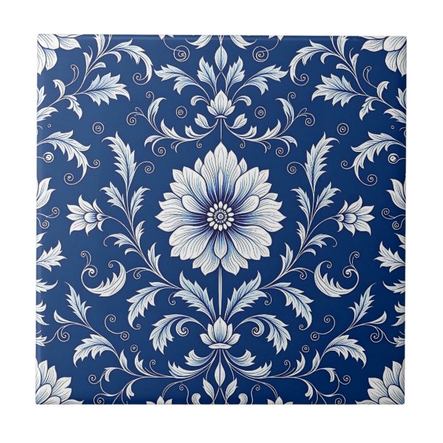Navy Blue Porcelain Floral Pattern Ceramic Tile (Front)