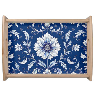Navy Blue Porcelain Floral Pattern Serving Tray