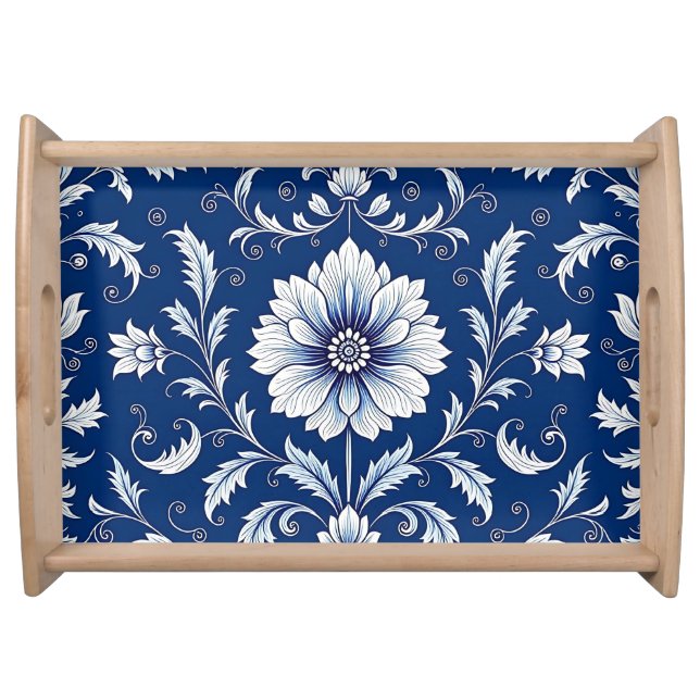 Navy Blue Porcelain Floral Pattern Serving Tray (Front)