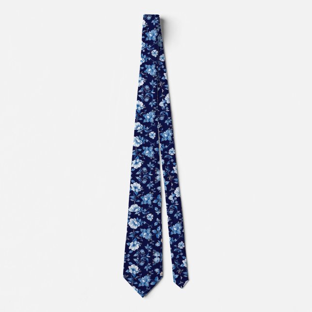 Navy Blue Porcelain Floral Wedding Groomsmen Gift Neck Tie (Front)