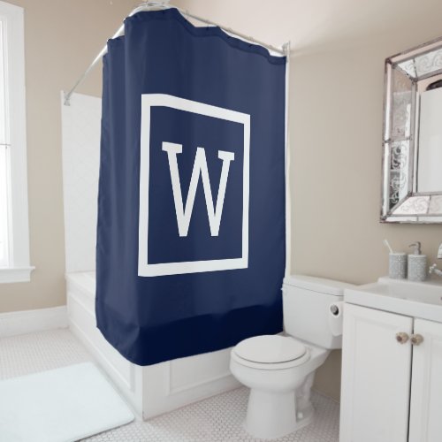 Navy Blue Preppy Graphic Border Monogram Shower Curtain