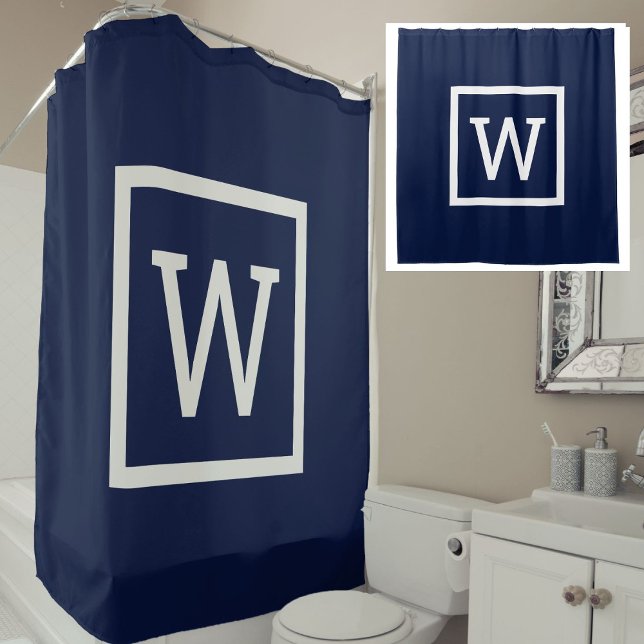 Navy Blue Preppy Graphic Border Monogram Shower Curtain (Navy Blue Preppy Graphic Border Monogram Shower Curtain)
