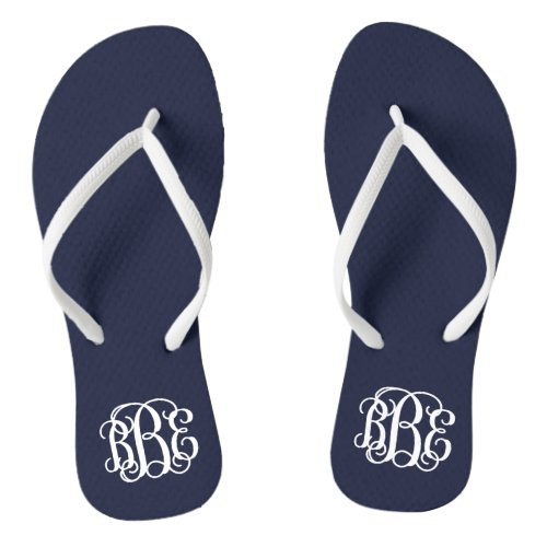 Navy Blue Preppy Script Monogram Flip Flops