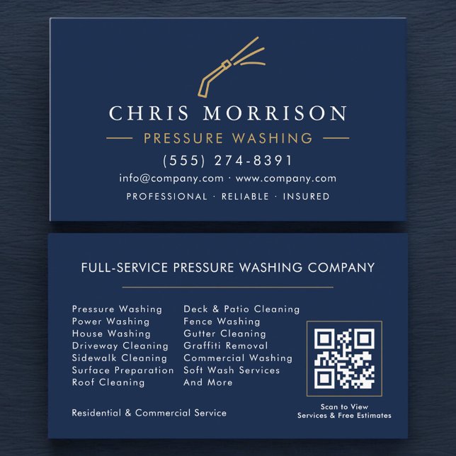 Navy Blue Pressure Washing Power Wash QR Code  Business Card (Creator Uploaded)