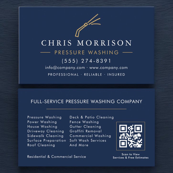 Navy Blue Pressure Washing Power Wash QR Code Business Card