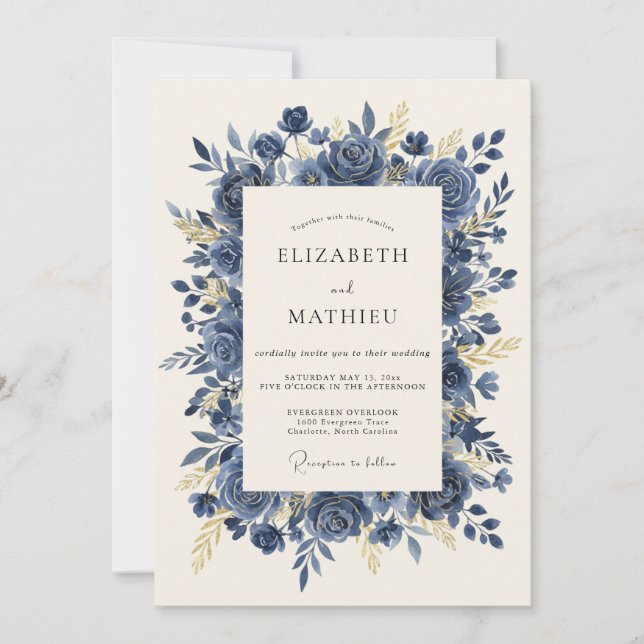 Navy Blue Prestigious Rose Wedding Invitation (Front)