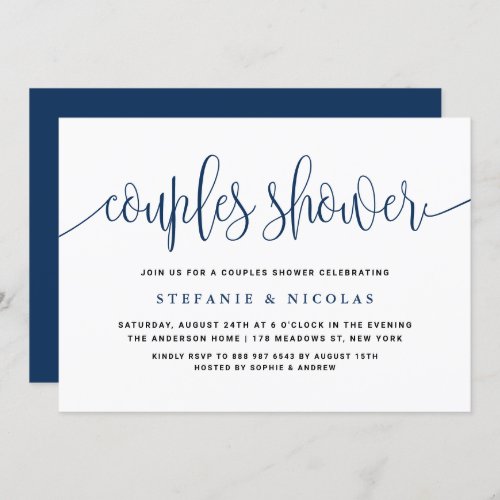 Navy Blue Pretty Calligraphy Couples Shower Invitation