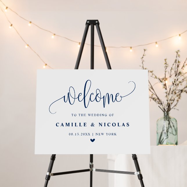 Navy Blue Pretty Calligraphy Script Wedding Foam Board (In Situ (Stand))
