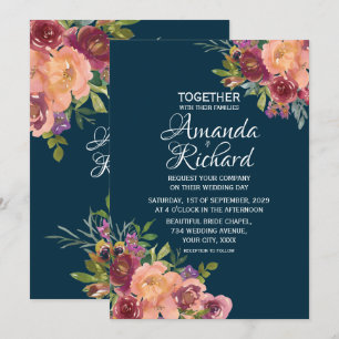Navy Blue Pretty Floral Autumn Wedding Invitation