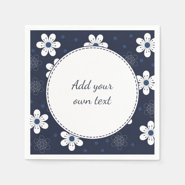 Navy Blue Pretty Floral Custom Text Napkins (Front)