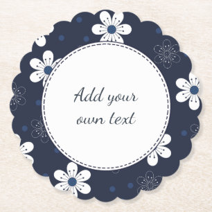 Navy Blue Pretty Floral Custom Text Paper Coaster