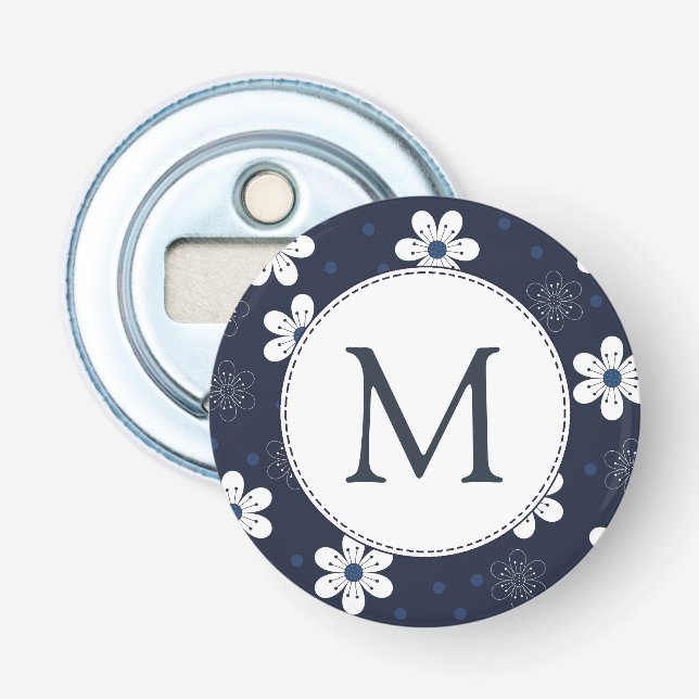Navy Blue Pretty Floral Monogram Bottle Opener (Front)