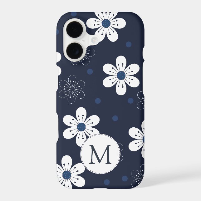 Navy Blue Pretty Floral Monogram Case-Mate iPhone Case (Back)