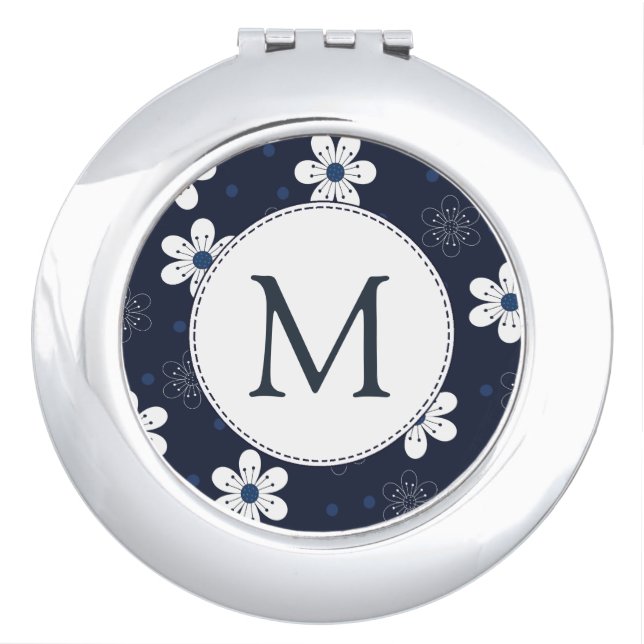 Navy Blue Pretty Floral Monogram Compact Mirror (Front)