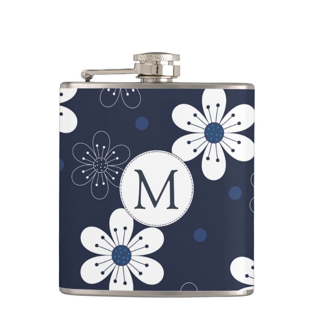 Navy Blue Pretty Floral Monogram Flask (Front)